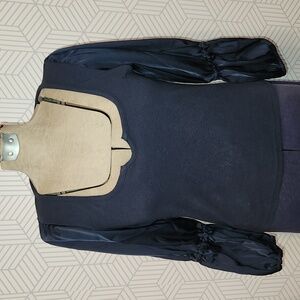 Maeve by Anthropologie Navy Blue Ribbed Top Knit Satin Puff Sleeve | Size Small